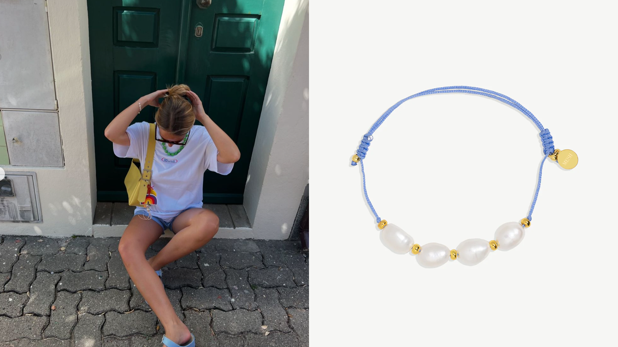 Pulseira de algodão com pérolas naturais