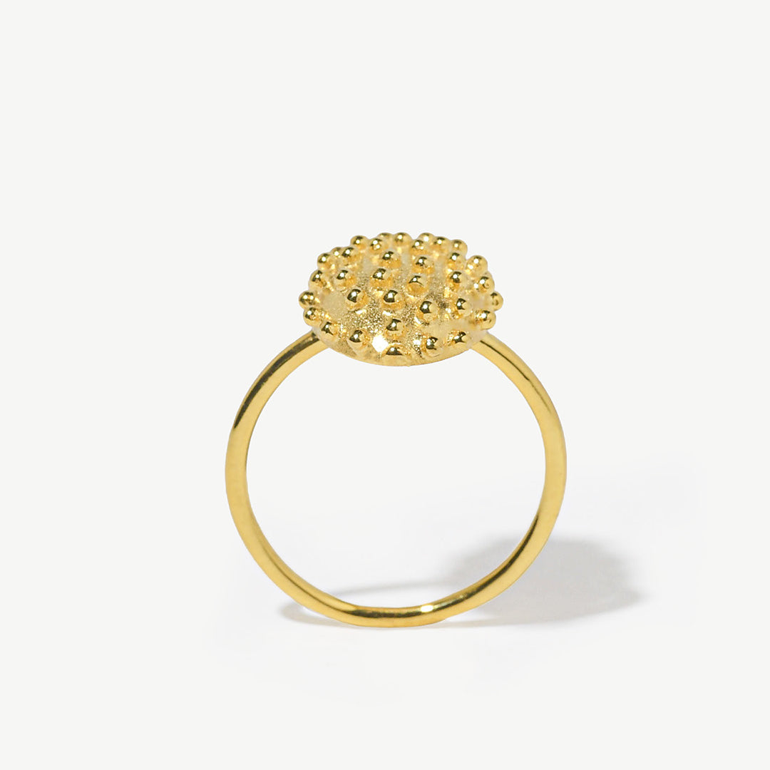 Anel oval com relevos de prata 925 com banho de ouro 18K.