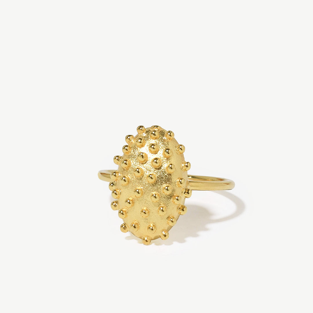 Anel oval com relevos de prata 925 com banho de ouro 18K.