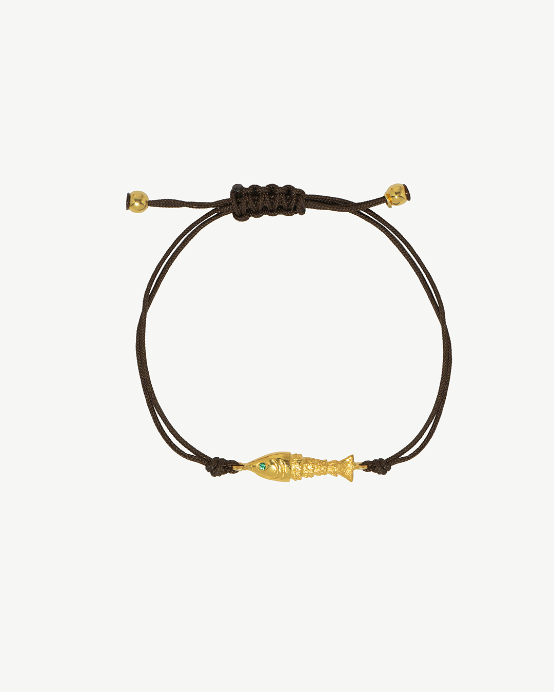 Pulseira em corda com peixe em prata dourada e zirconias