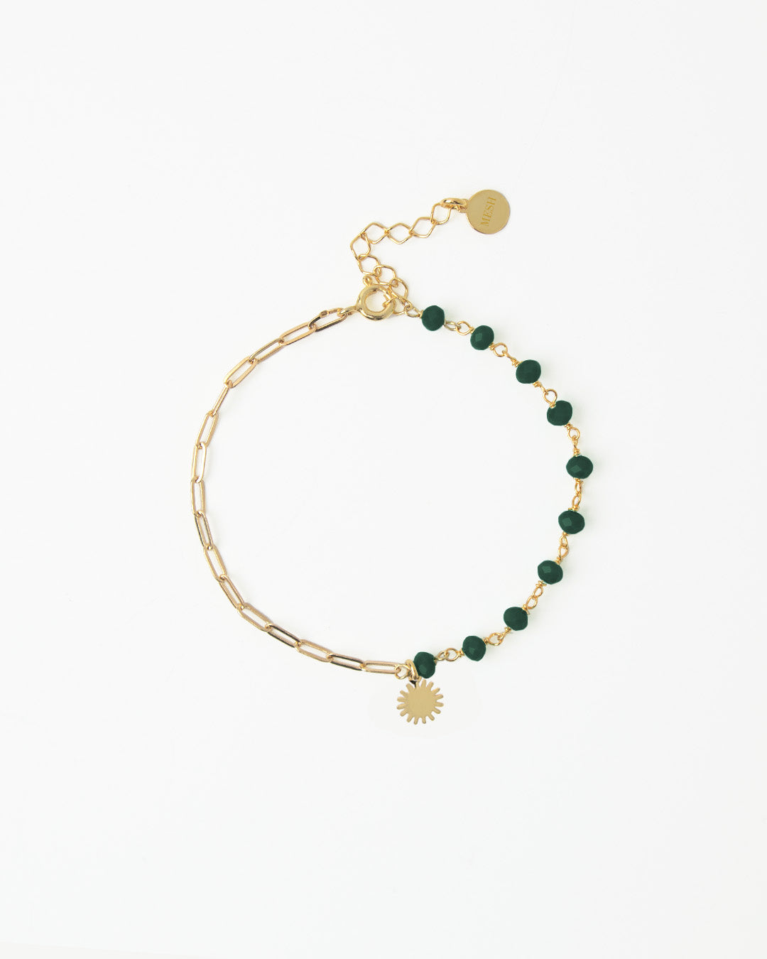 Pulseira em prata dourado com pedras verdes