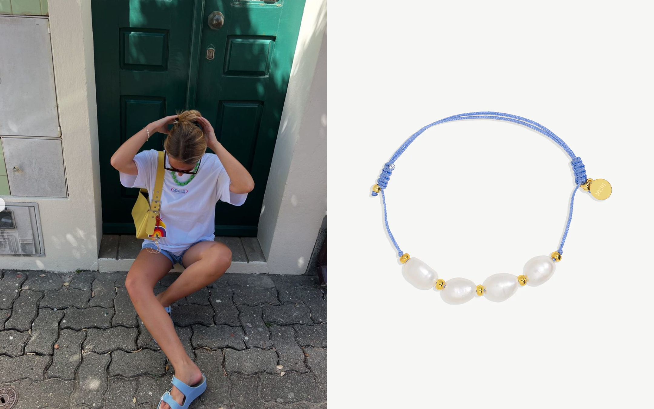 Pulseira de algodão com pérolas naturais